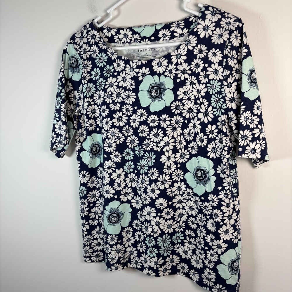TALBOTS 100% Cotton Elbow Tee Womens M Navy White Floral Scalloped Neck Stretch